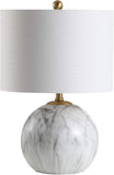 21.5" White/Brass Gold Faux Marble Resin Table Lamp, Glam Geometric Sphere Base Bedroom, White Linen Drum Shade