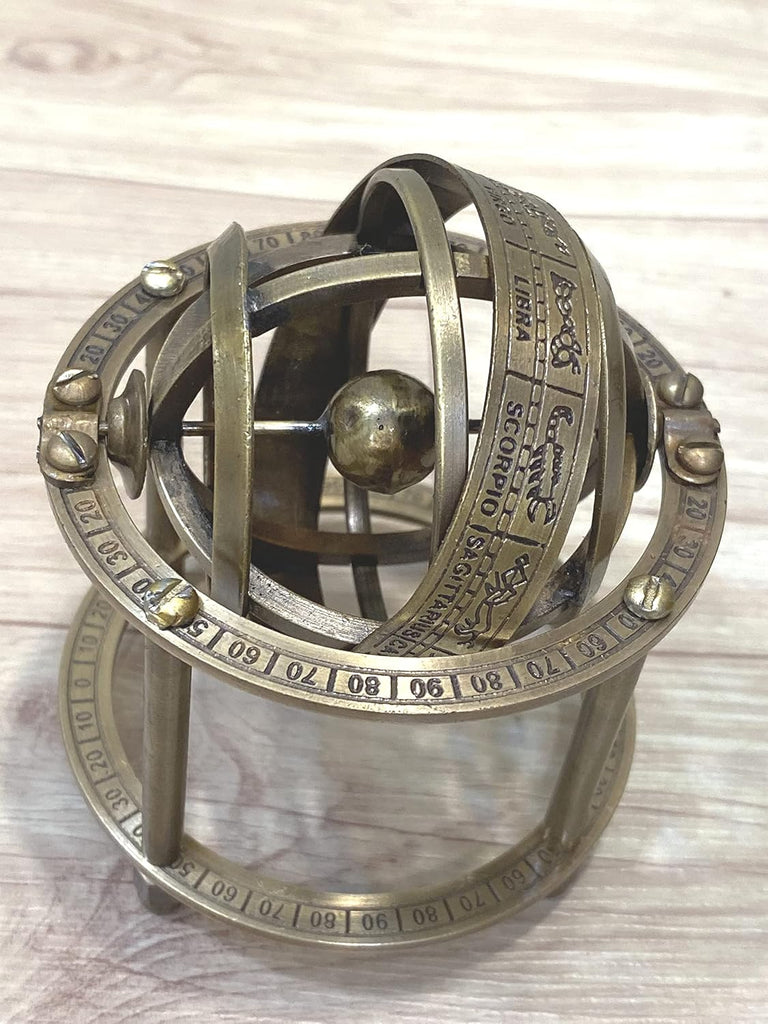 Zodiac Armillary Brass Sphere Globe Display 8" Wooden Base | Antique Vintage Earth Steampunk Pirate's Antique Ship