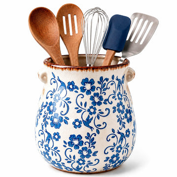 Ceramic Utensil Holder for Countertop, Blue and White Vintage Utensil Crock