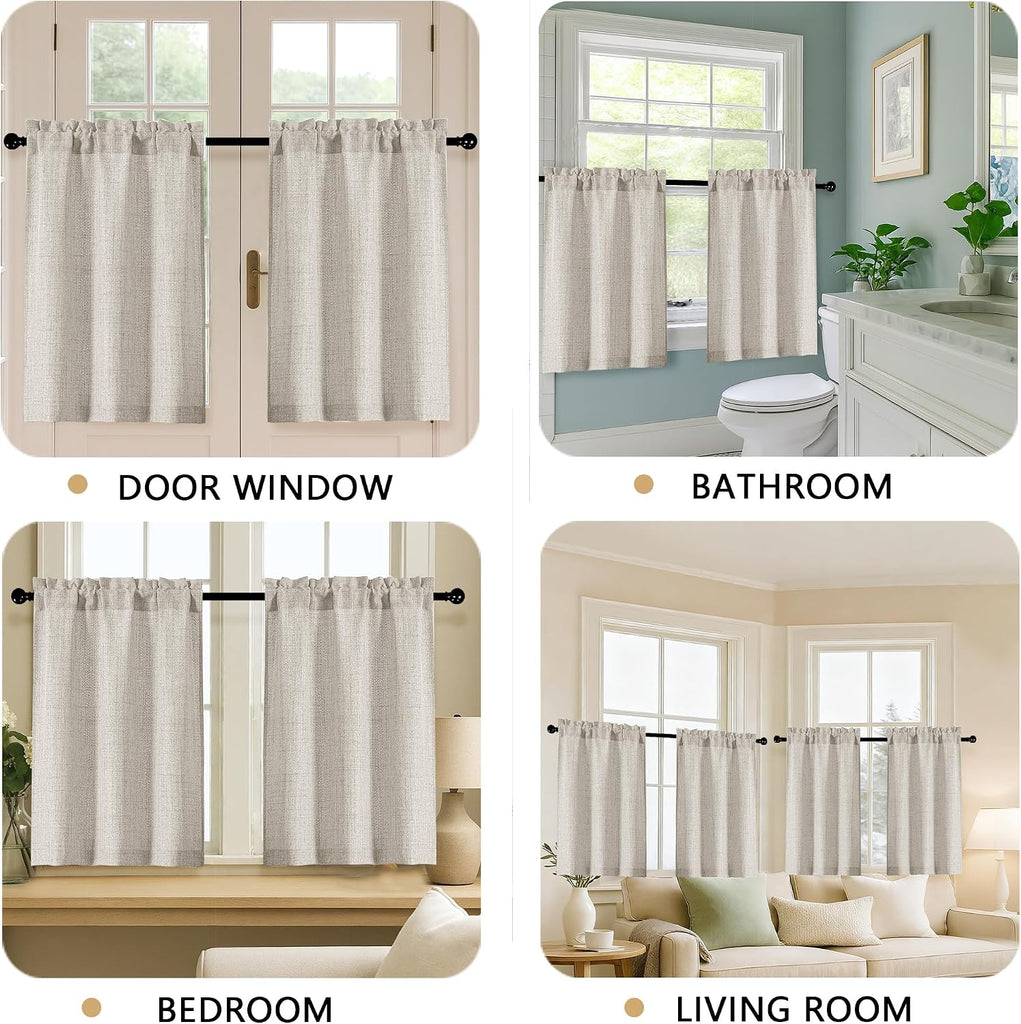 2 Panels Kitchen Curtains, Faux Linen Textured Small Cafe Window Curtain Over Sink, Light Filtering