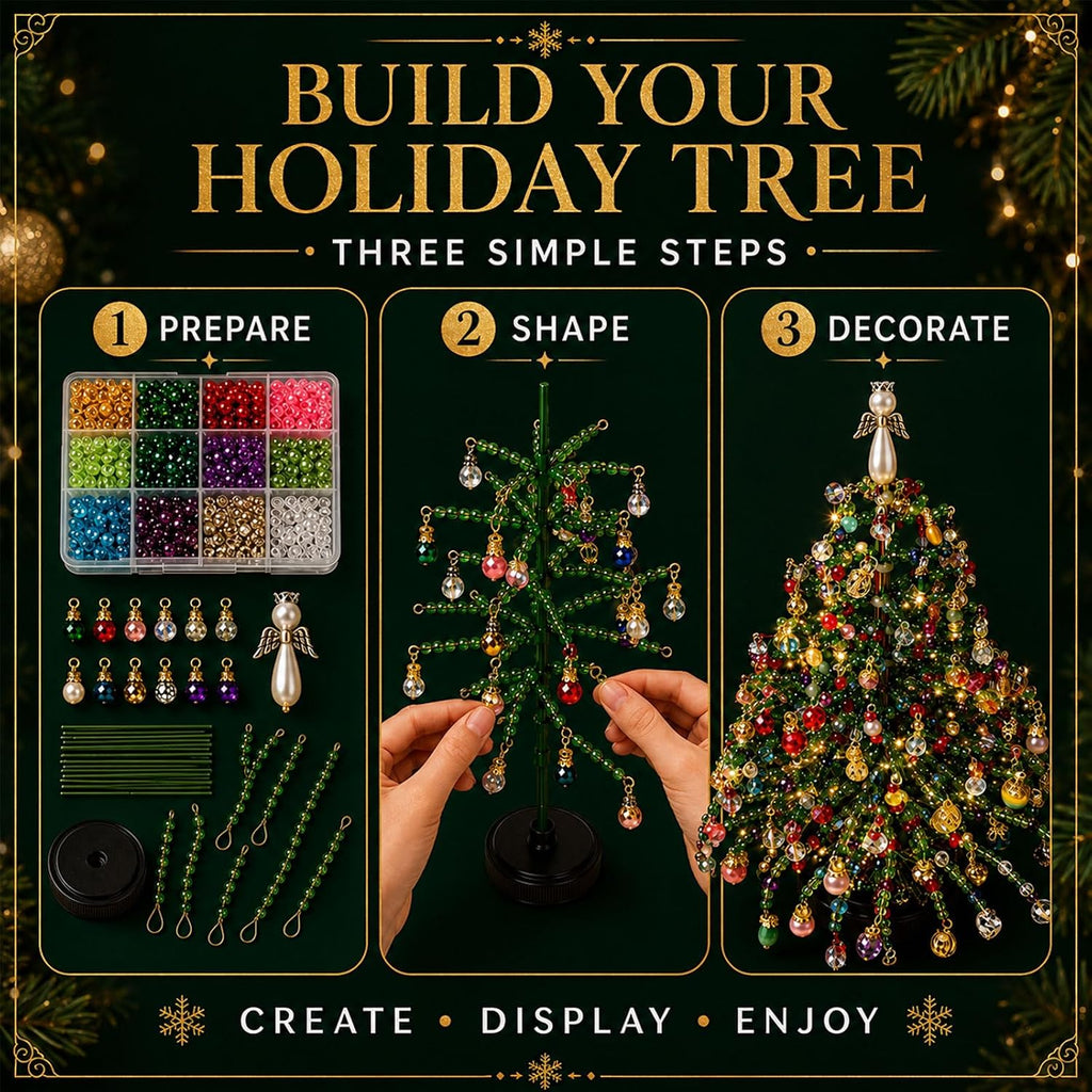 DIY Beaded Christmas Tree Kit for Adults, 3D Crystal Bead Holiday Craft Set with Colorful Beads, Ornament Charms