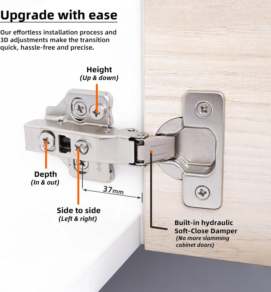 Full Overlay European Soft Close Cabinet Hinges Cabinets (20 Pcs) -105° Frameless Concealed Cabinet Door Hinge -6 Way