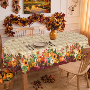 Fall Plaid Oval Tablecloth 60 x 102 Inch, Stain Resistant Washable Fabric Autumn Harvest Pumpkin Table Cloth Oval