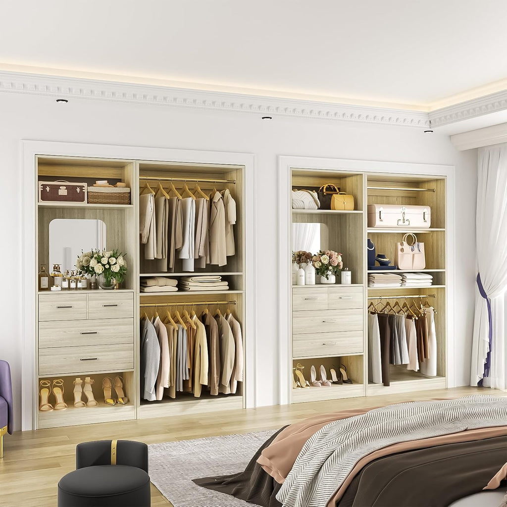 61" Closet System, Heavy Duty Wood Closet Organizer with 2 Hanging Rods, Walk-in Wardrobe Garment Rack with