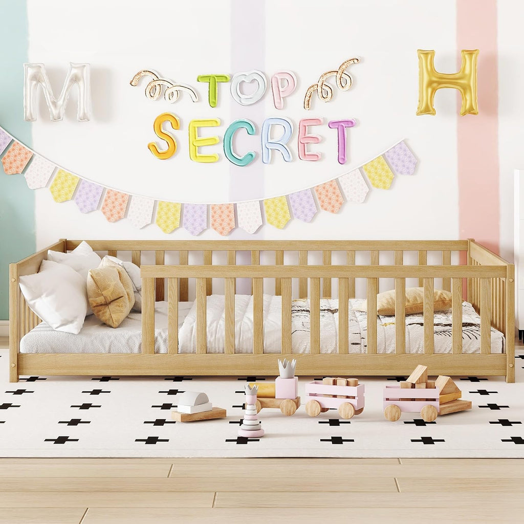 Full Size Montessori Bed Frame with Fence,Solid Wood Floor Bed with Slats for Kids,Boys,Girls,No Box Spring