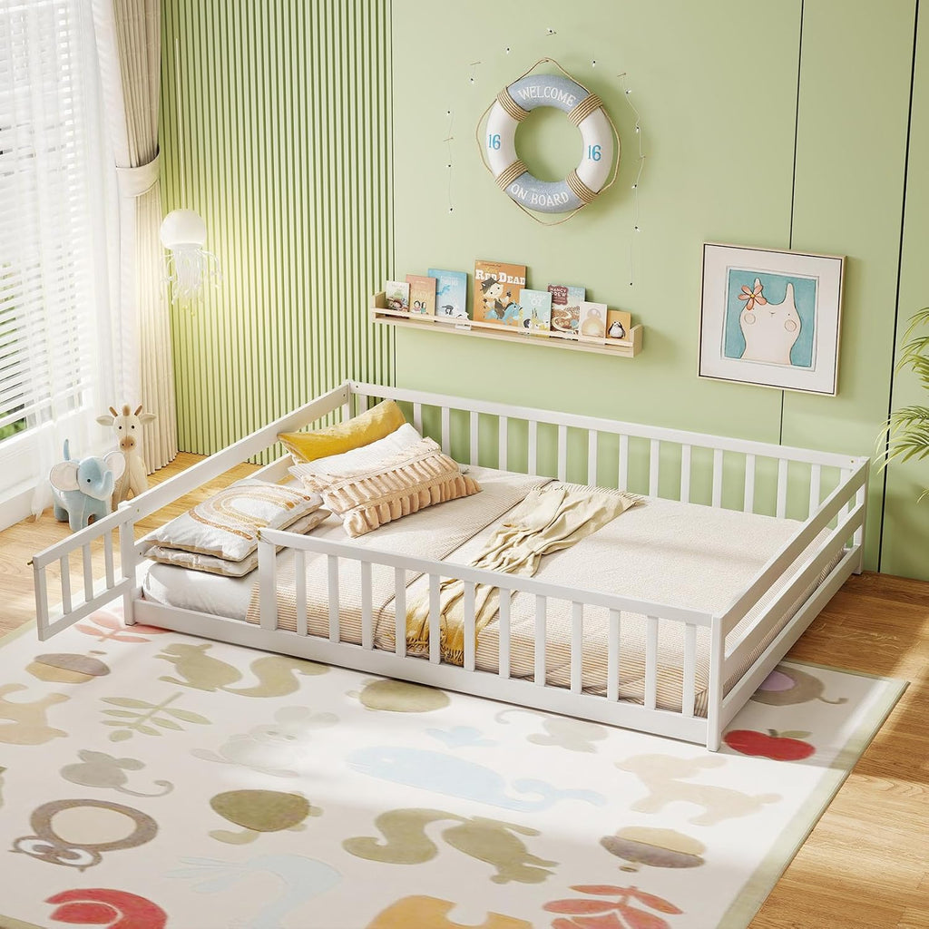 Full Size Wood Floor Bed with Door & Fence, Montessori Bed Frame with Full Length Safety Guardrails, Door & Latch