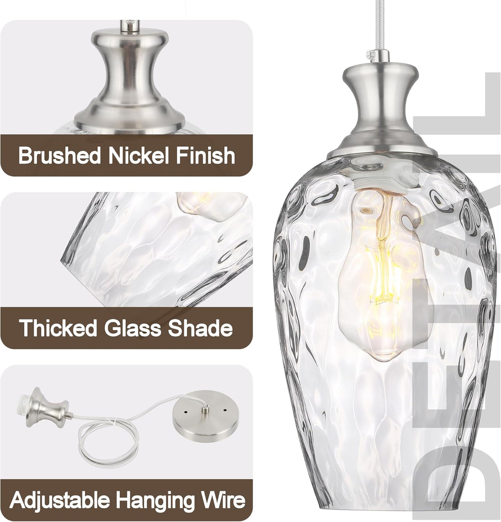 Glass Pendant Lights Kitchen Island 2 Pack, Brushed Nickel Pendant Light Fixtures with Hand-Blown Clear Glass, Modern