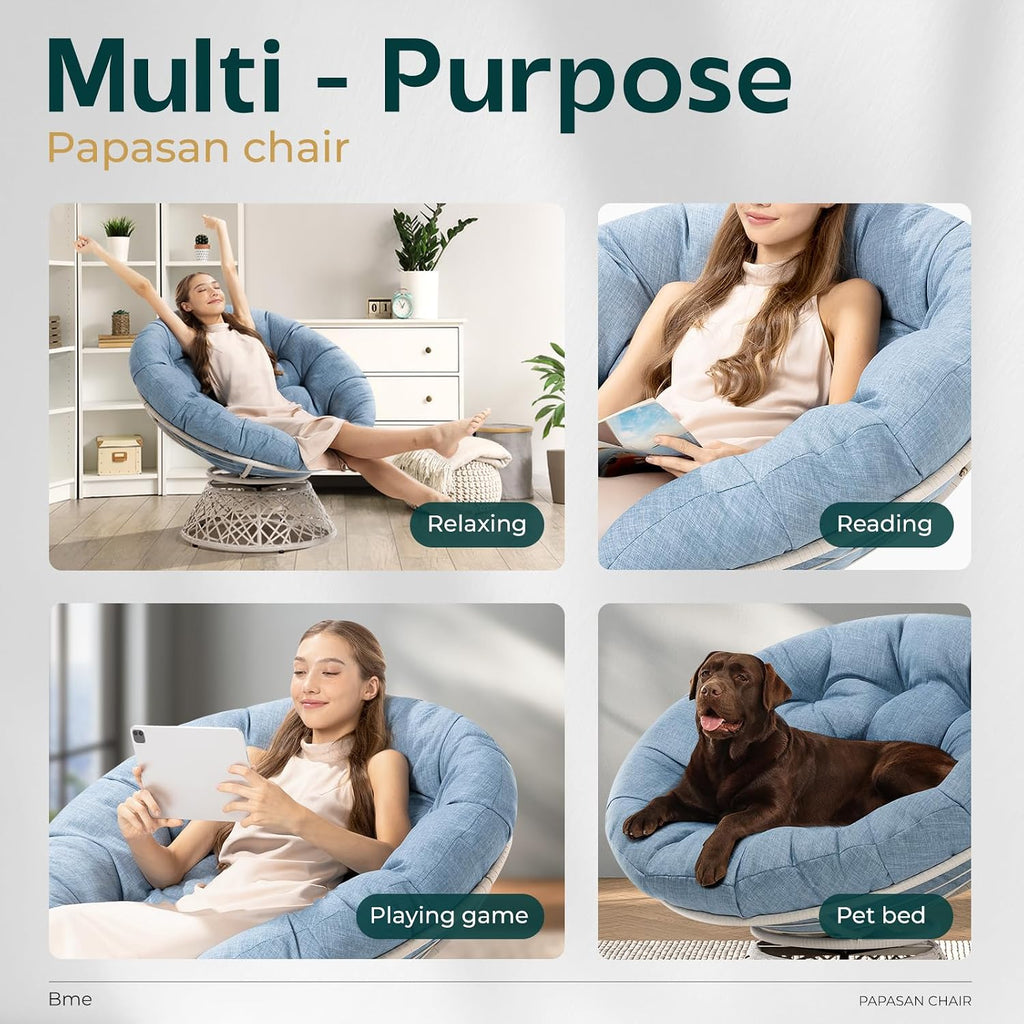 40" Ergonomic Wicker Papasan Chair with Soft Thick Density Fabric Cushion, High Capacity Steel Frame, 360 Degree