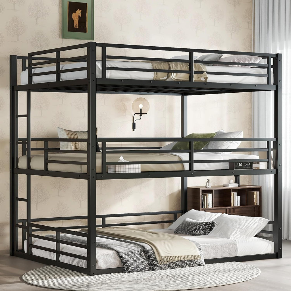 Heavy Duty Triple Bunk Bed, Queen Over Full XL Over Queen 3 Bunk Beds with Ladders