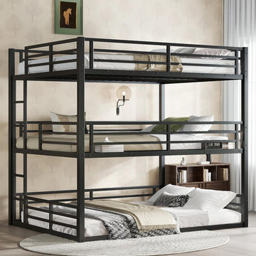 Heavy Duty Triple Bunk Bed, Queen Over Full XL Over Queen 3 Bunk Beds with Ladders