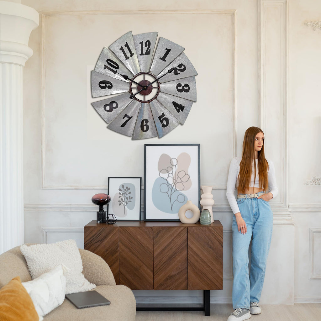 24 Inch Rustic Windmill Wall Clock - Galvanized Metal Farmhouse Decor, Silent Battery Operated Vintage Industrial