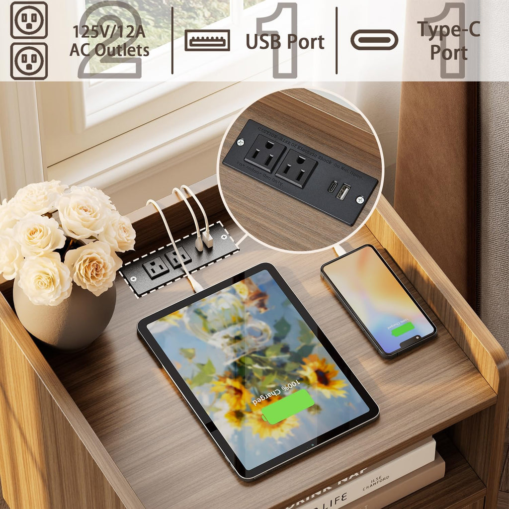 Night Stand Set 2, Nightstands Set of 2 with Charging Station, Rattan Side Tables with Solid Wood Legs, Boho Bedside