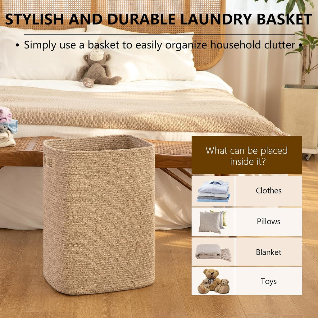 Laundry Hamper, Rectangle Cotton Laundry Basket with Handles, Large Blanket Basket , Woven Decorative Storage for