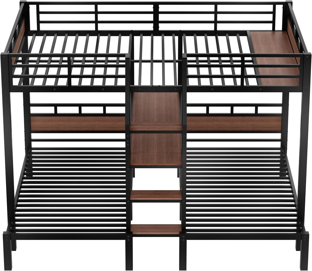 Queen Over Twin Over Twin Bunk Bed with Shelf and Stairs, Heavy Duty Triple Bunk Beds with Safety Guardrails