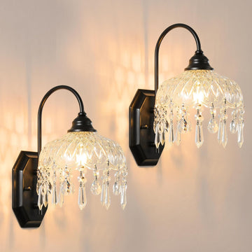 2-Pack Vintage Glass Crystal Wall Sconce, Matte Antique Black Finish, for Bedroom Bathroom Hallway Living Room