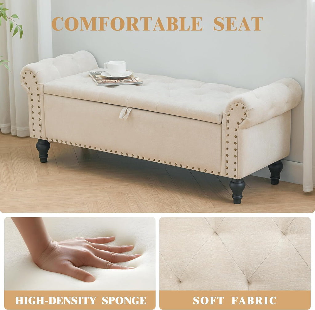 51" Storage Bench , Upholstered Ottoman Bench, Chenille Beige | End of Bed Bench , Window Benches , Ottoman with