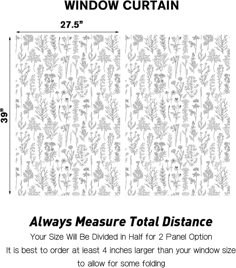 Vintage Floral Kitchen Window Curtains Small Short Mini Cafe Rod Pocket Retro Flower Black Grey and White Living Bedroom Room Home Treatment Set of 2 Curtain Panels Drapes Tiers