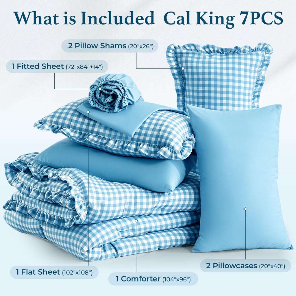 7 Pieces Gingham Ruffle Comforter Set, Blue Grid Tartan Bedding Set, Soft Breathable Fabric Comforter