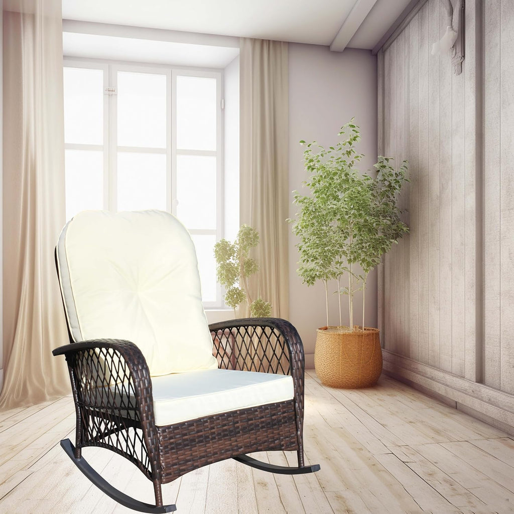 Outdoor Wicker Rocking Chair, Rattan Patio Rocker, Steel Frame | Outdoor Wicker Rocker Chair Cushioned Patio Rocker
