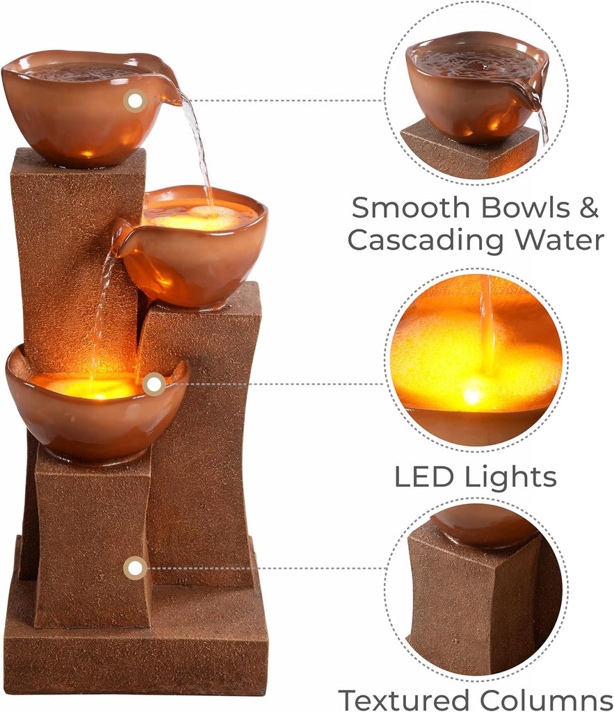 28.54 in. 3-Tier Cascading Outdoor Water Fountain with LED Lights for Gardens, Landscaping, Patios, Balconies, Lawns