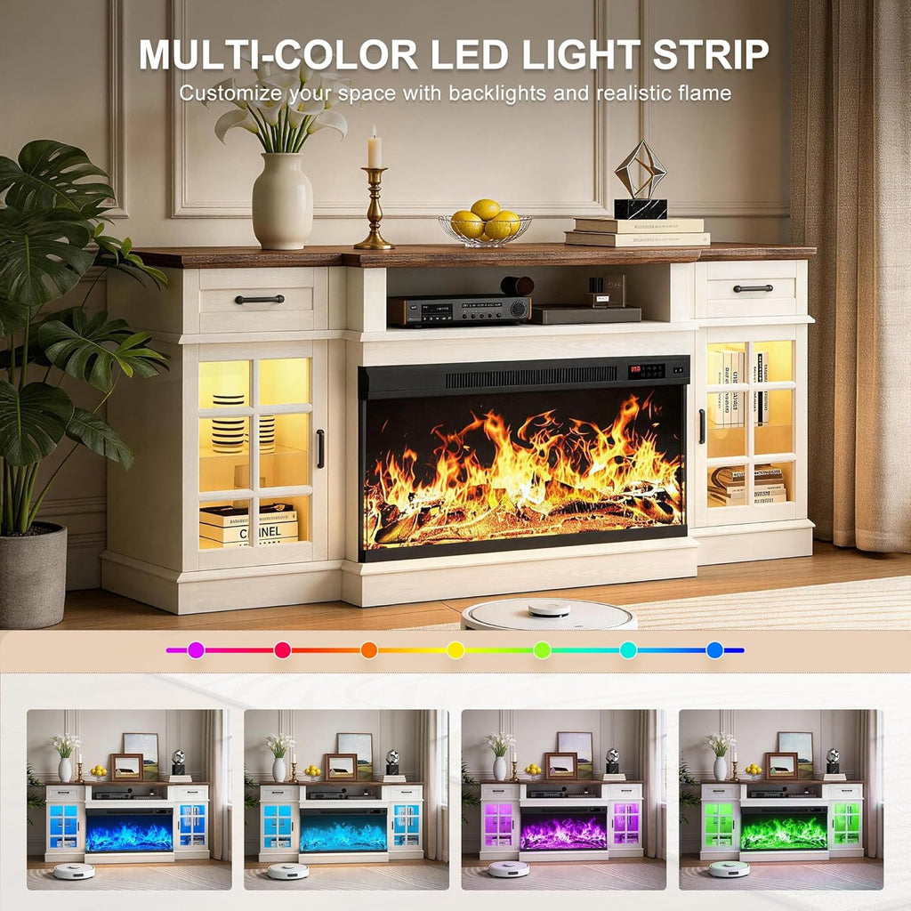 70" Fireplace TV Stand, 3-Sided Glass Fireplace and Modern Entertainment Center, Wooden Media Console with Glass
