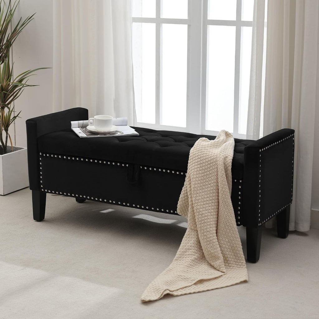 Storage Ottoman Bench, Velvet Upholstered Footstool , Tufted Seat with Storage, Wooden Legs & Metal Rivets, Black