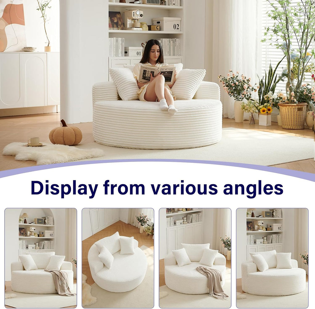 55''L Oversized Round Chaise Longue Chair Indoor, Corduroy Sponge Single Sofa, Oversized Round Chairs, Modern Sleeper