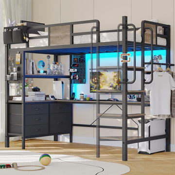 Twin Loft Bed with Desk and 5 Storage Drawers,Loft Bed Twin with LED Lights and Charging Station
