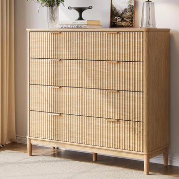 Fluted Dresser with 8 Drawers, 47" Wide Mid Century Modern Dressers, Tall Boho Chest of Drawers, Large Wood Accent