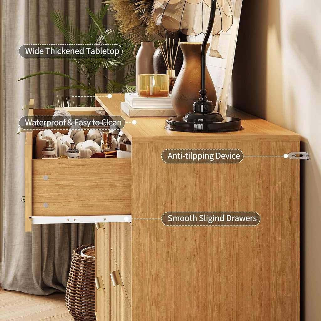 Fluted Dresser with 8 Drawers,55" Wide Modern Chest of Wooden Bedroom Chest with Metal Handle,Clothes Storage