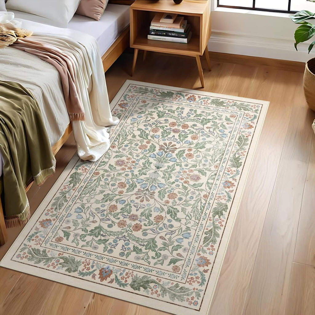 Floral Indoor Entrance 3x5 Area Rug, Washable Vintage Boho Entryway Rugs, Low Pile Non Slip Soft Car