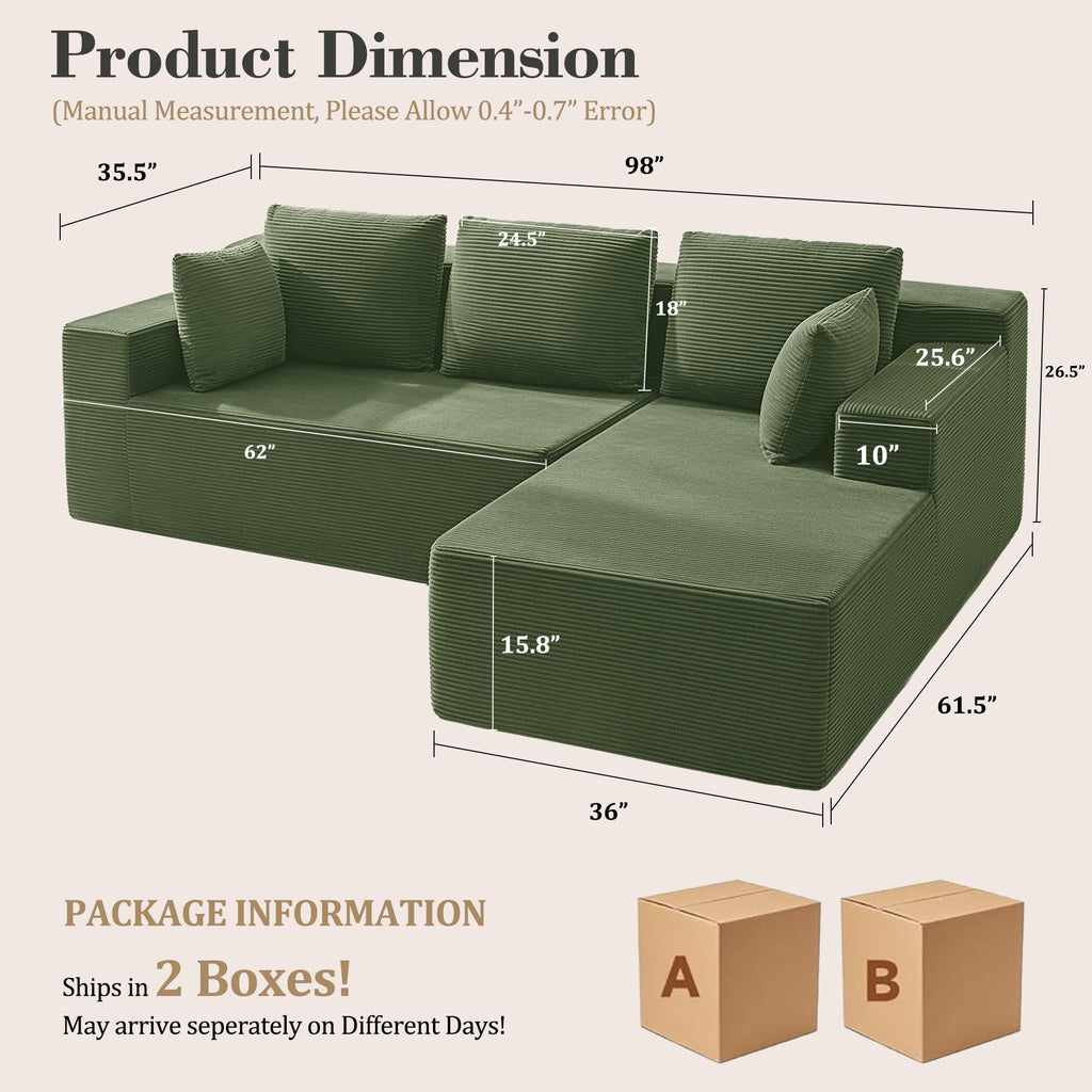 98" Cloud Sectional Boneless Couches, Modular L Shaped Corduroy Sofa with Left Facing Chaise, Dual-Layer