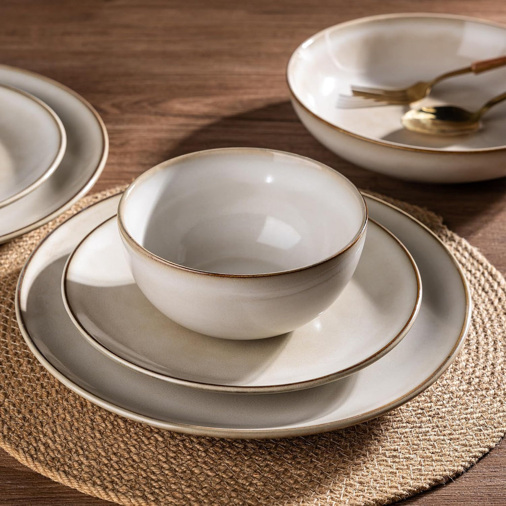 Ceramic Dinnerware Sets for 4, 12 Pieces Handpainted Stoneware Plates and Bowls Set, Scratch Resistant Dishes Set