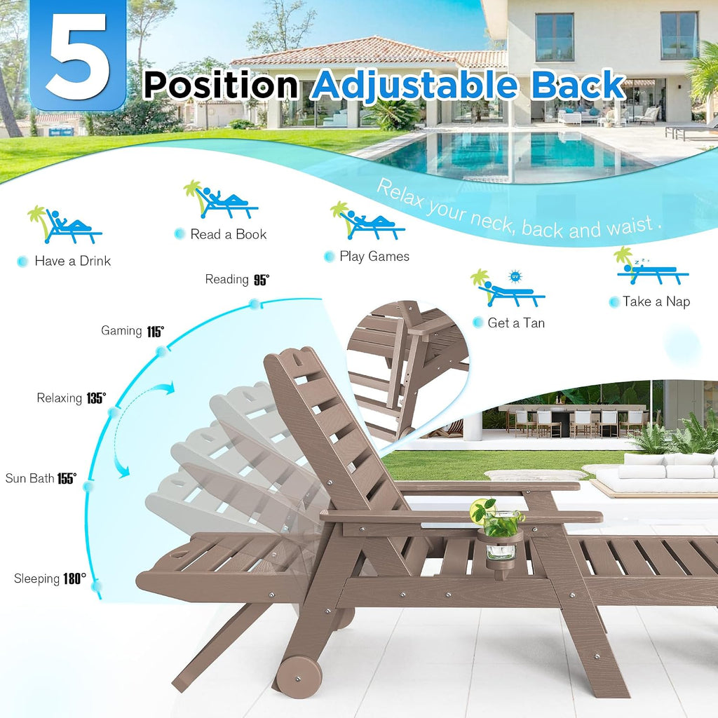 Outdoor Chaise Lounge Chair Set of 2 with Wheels & Cup Holder, HDPE Pool Lounge Chairs with 5-Position Adjustable