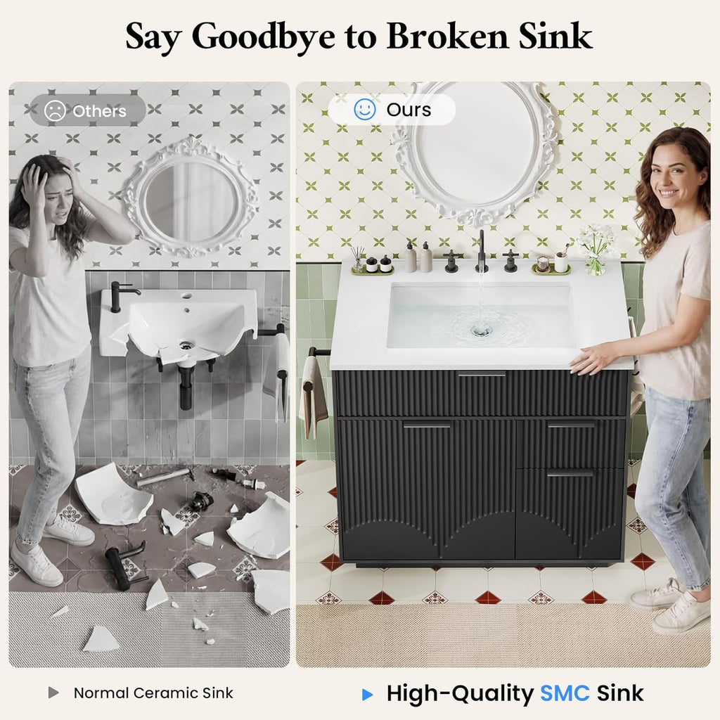 31" Fluted Freestanding Bathroom Vanity with Sink - Cabinet with Door Storage & 3 Drawers