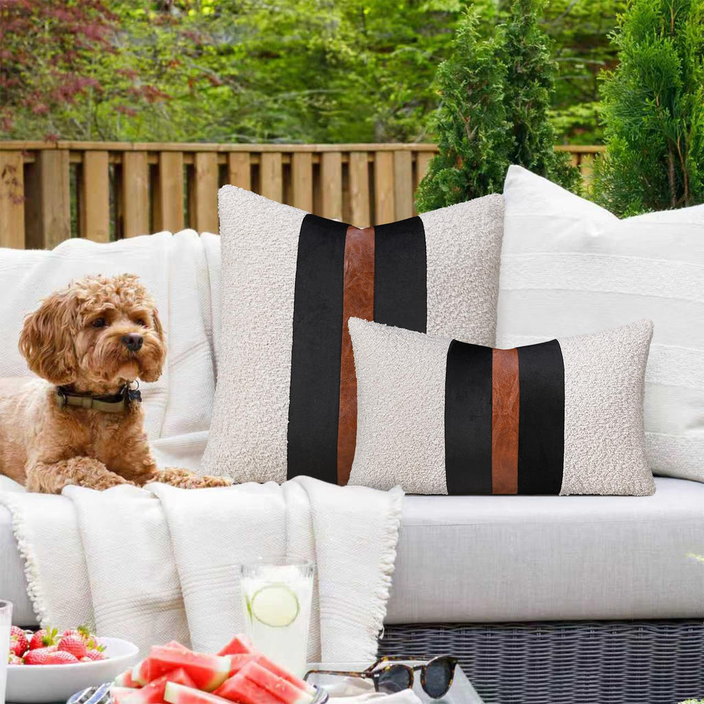 Texture Boucle Pillow Covers 18x18, Faux Leather Patchwork
