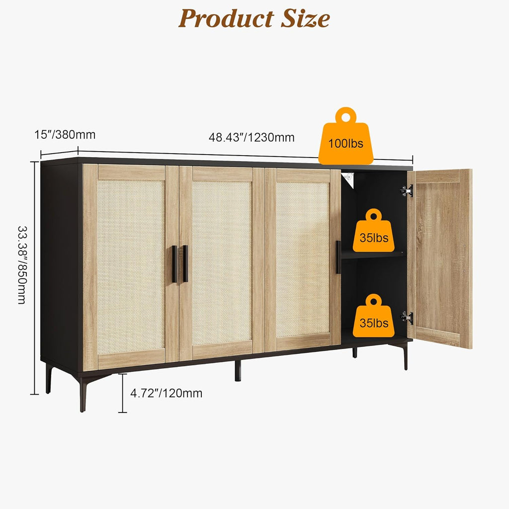 Buffet Cabinet with Storage, 48" Rattan Sideboard with Adjustable Shelves
