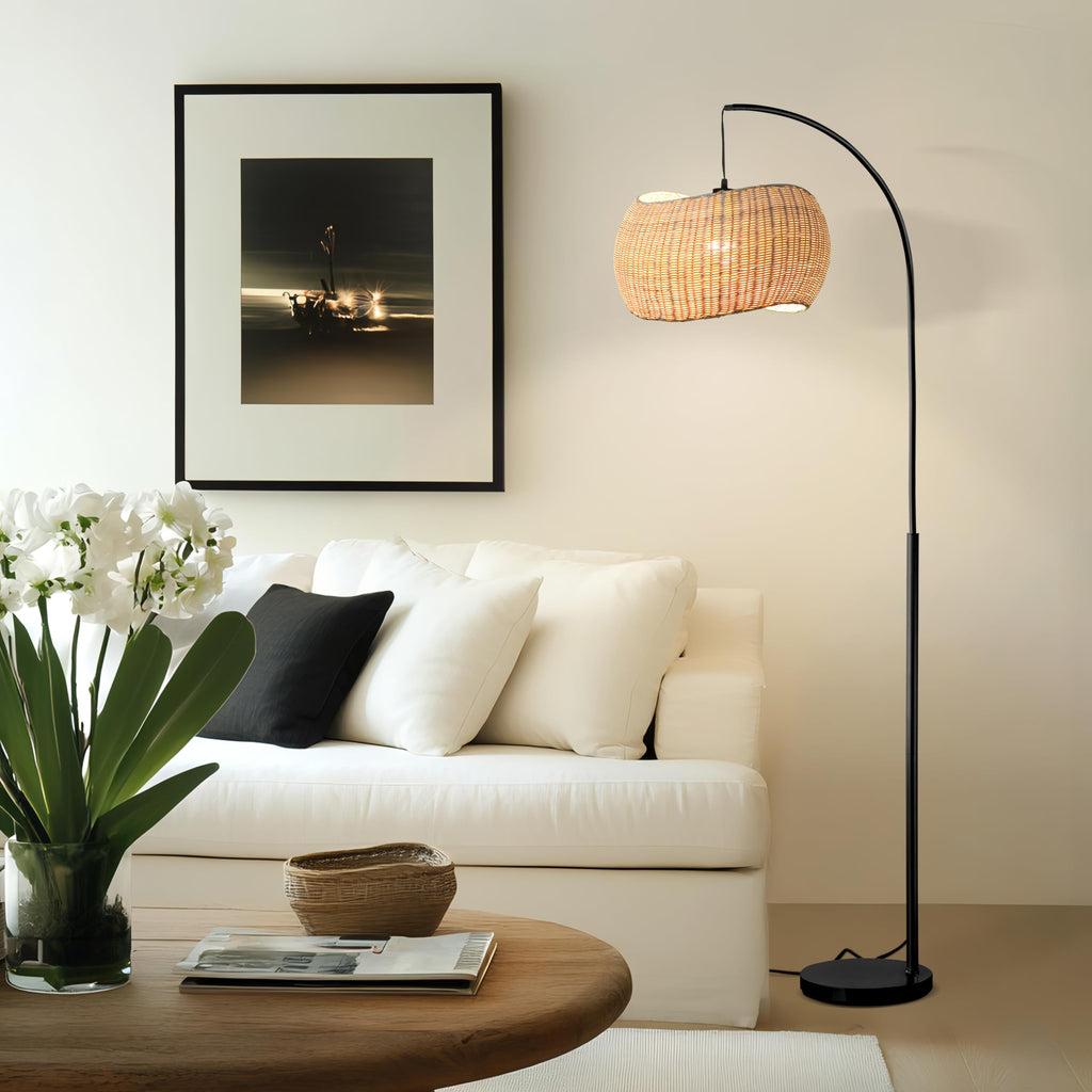 Wave Arc Floor Lamp - Chic Standing Lamp with Unique Hanging Wicker Pendant Shade, Boho Rattan Natural Decor Lamp