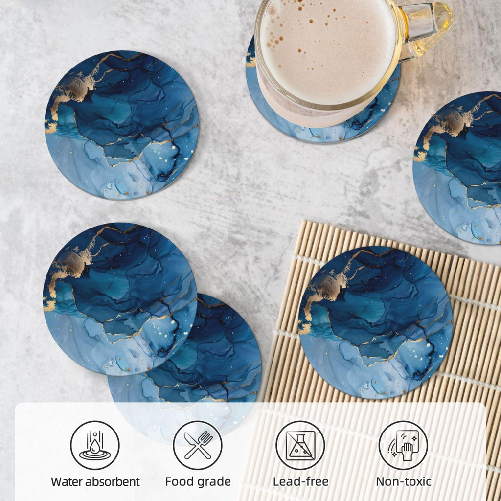 6 Pcs Ceramic Coasters with Holder Absorbent Drink Round Navy Blue Gold Marble Agate Style Design Table Coffee Cup