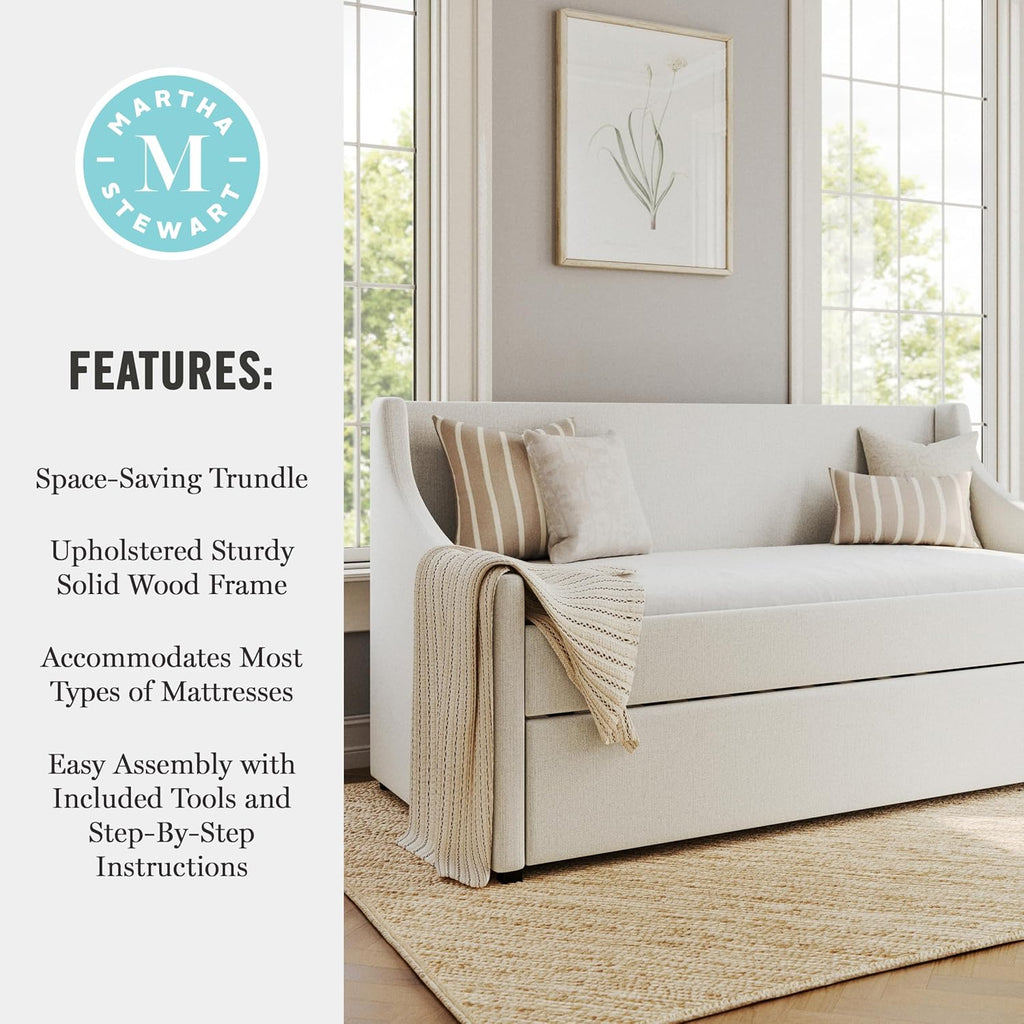 Simone Twin Upholstered Daybed with Trundle, Off-White | Pull-Out Trundle, Cushioned Headboard and Footboard, No Box