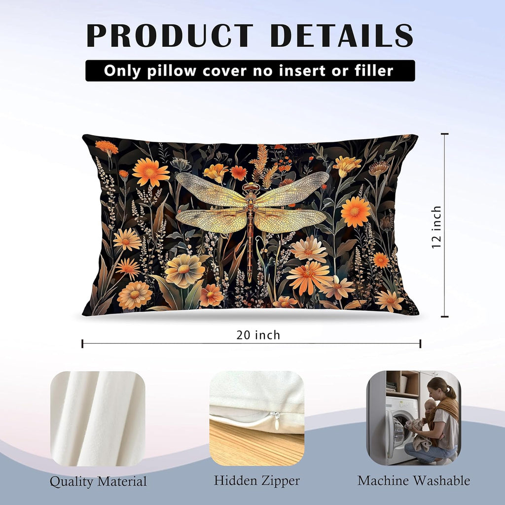 Moody Vintage Dragonfly Bee Floral Pillow Covers 12x20 Set of 2, Dark Cottagecore Botanical Wildflower Dragonfly