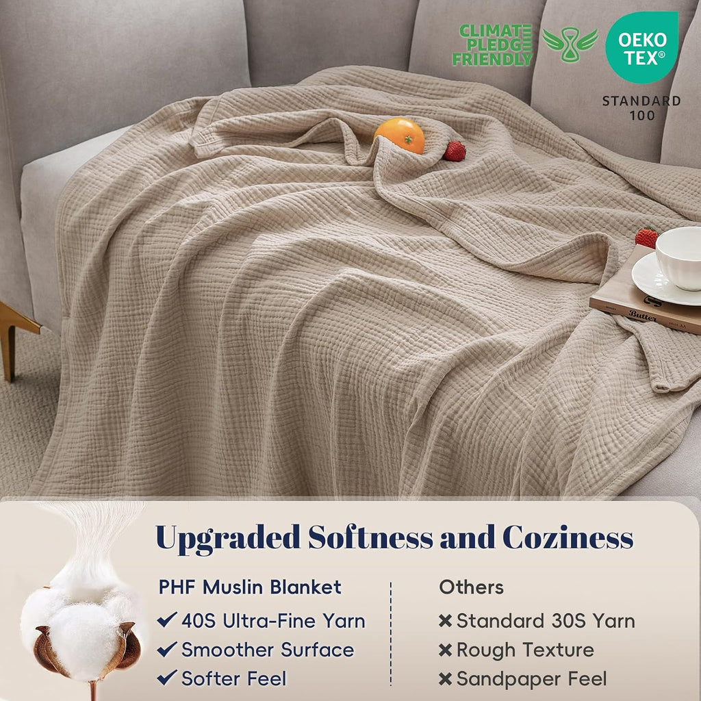 100% Cotton Muslin Throw Blanket 50" x 60", 4-Layer Lightweight Gauze Throw, Breathable Cloud-Soft Minimalist