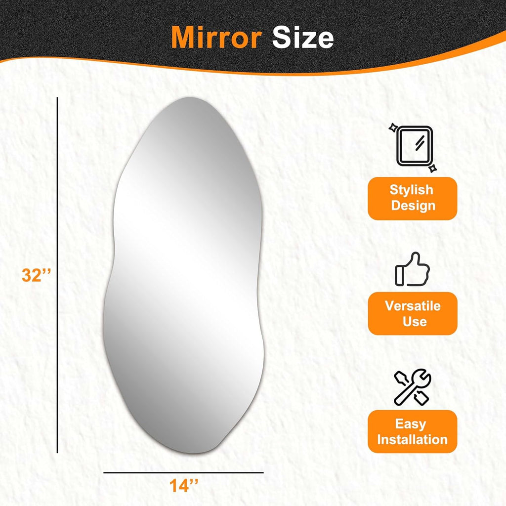 Irregular Wall Mirror,32"x14" Slim Vertical Wavy Design,Frameless Decorative Mirror ,Modern Boho Wall-Mounted