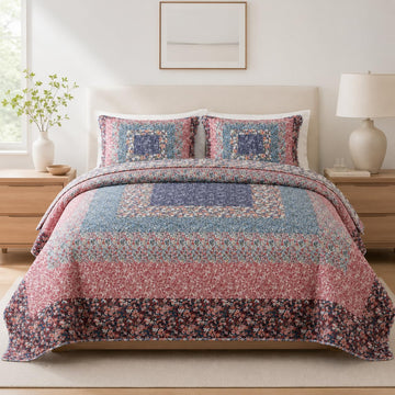 Vintage Floral Patchwork Quilt Set, with 2 Shams
