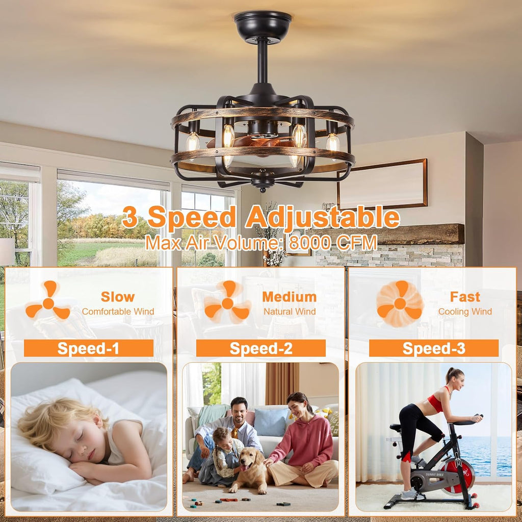 Caged Ceiling Fans with Lights Black Farmhouse 18‘’ Flush Mount Bladeless Rustic Chandeliers Fan Lights with Remote