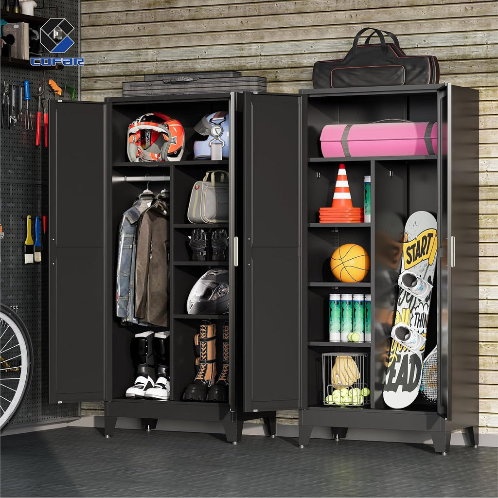 Wardrobe Closet with Doors, Metal Bedroom Armoire with Adjustable Hanging Rod and Shelves, Farmhouse Broom Closet