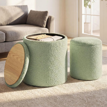 SONGMICS Vanity Stool, Set of 2, Round Storage Ottoman, Teddy Fleece