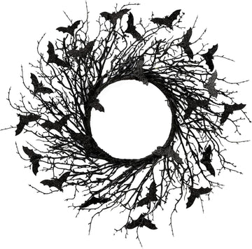 17.7"Artificial Black Twig Wreath with Glitter Bats - Handmade Sparkling Hanging Decorations for Front Door
