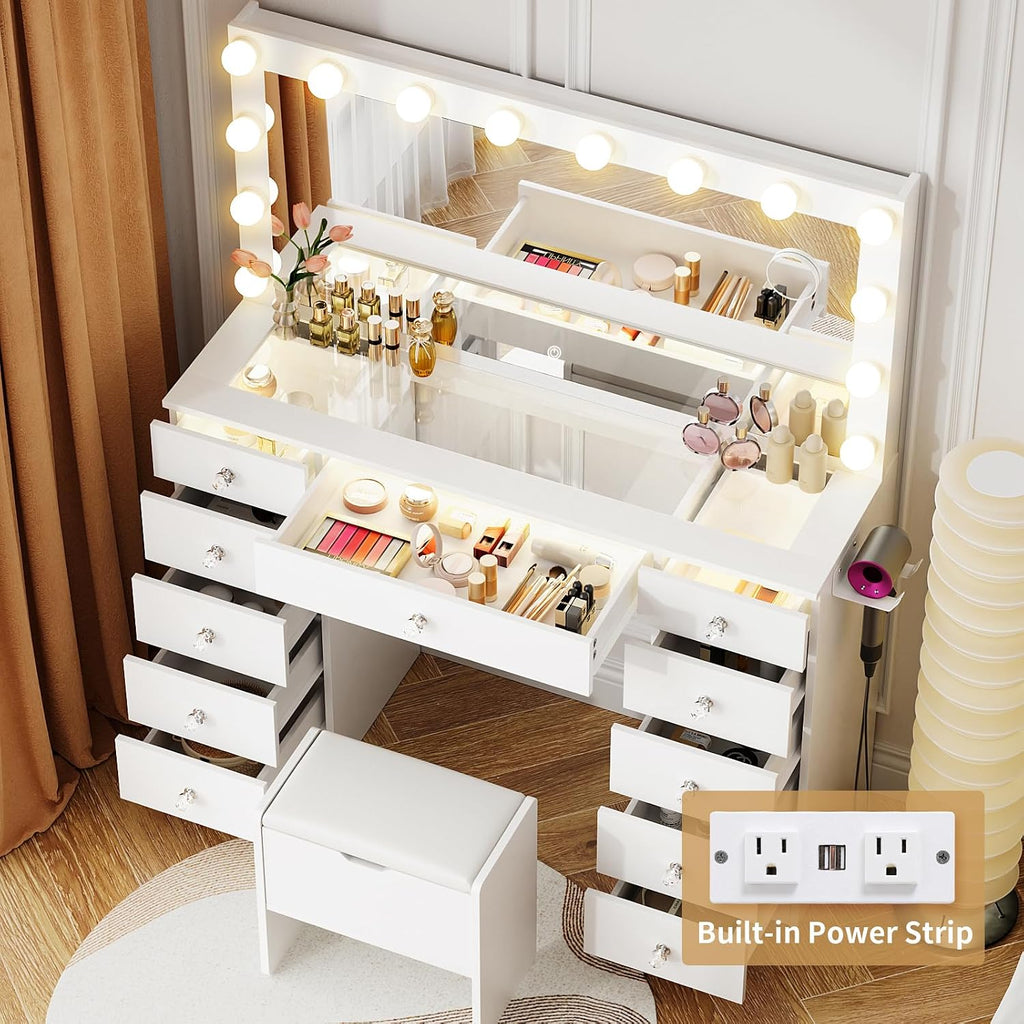 Vanity with Lighted Mirror - 46" Makeup Vanity Desk with Glass Top | Makeup Table with 11 Drawers, 3 Color Lighting