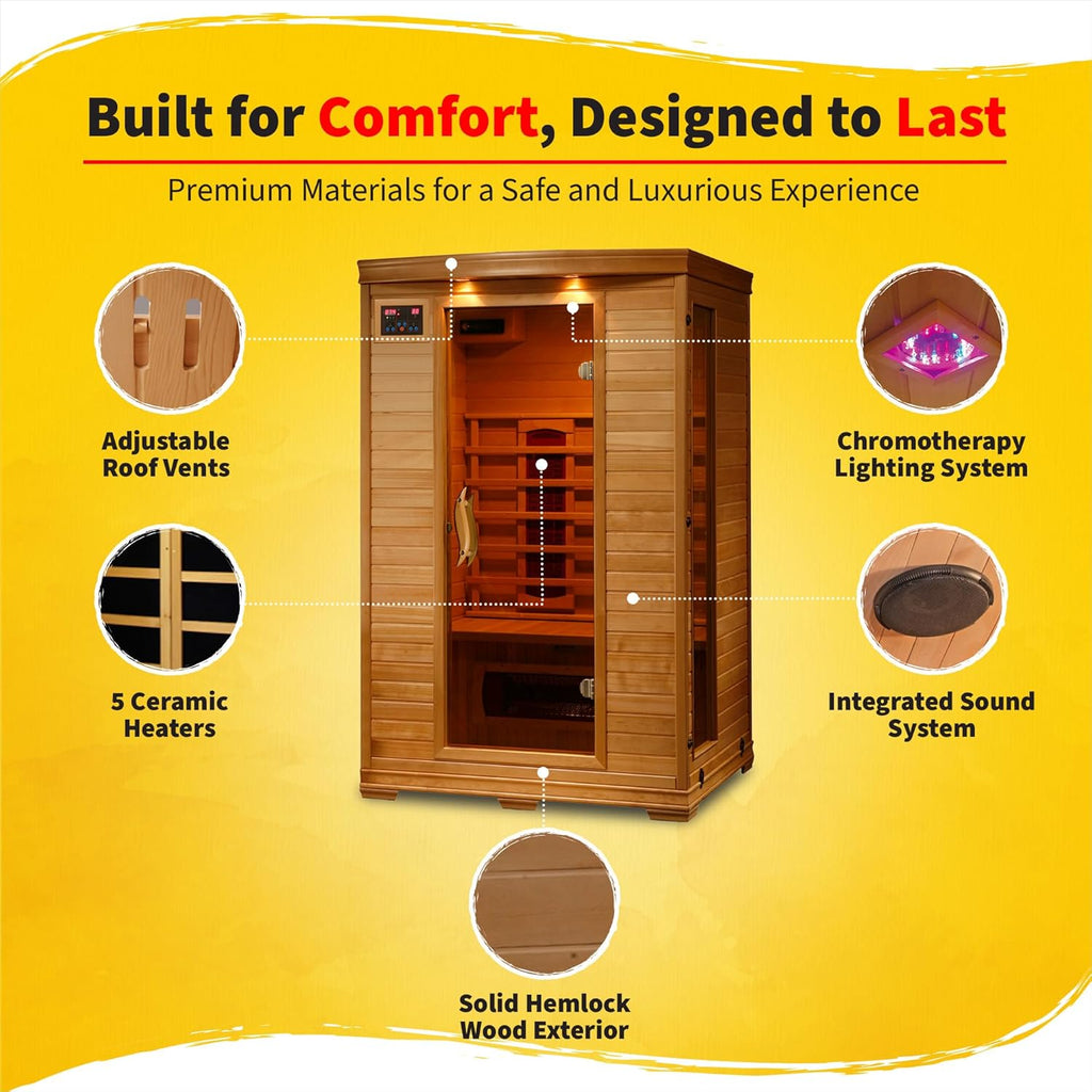 Coronado 2 Person Hemlock Low EMF Infrared Wood Sauna for Home & Indoor Relaxation